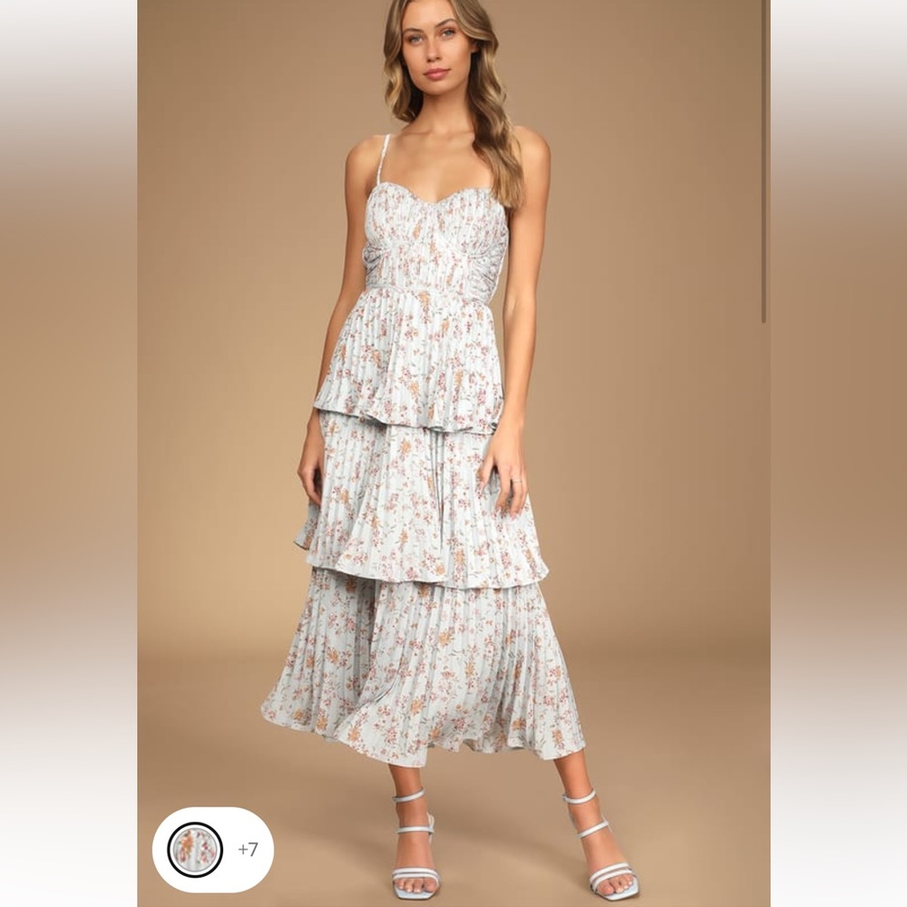 Cascading Crush Pale Blue Floral Print Tiered Bustier MIDI Dress